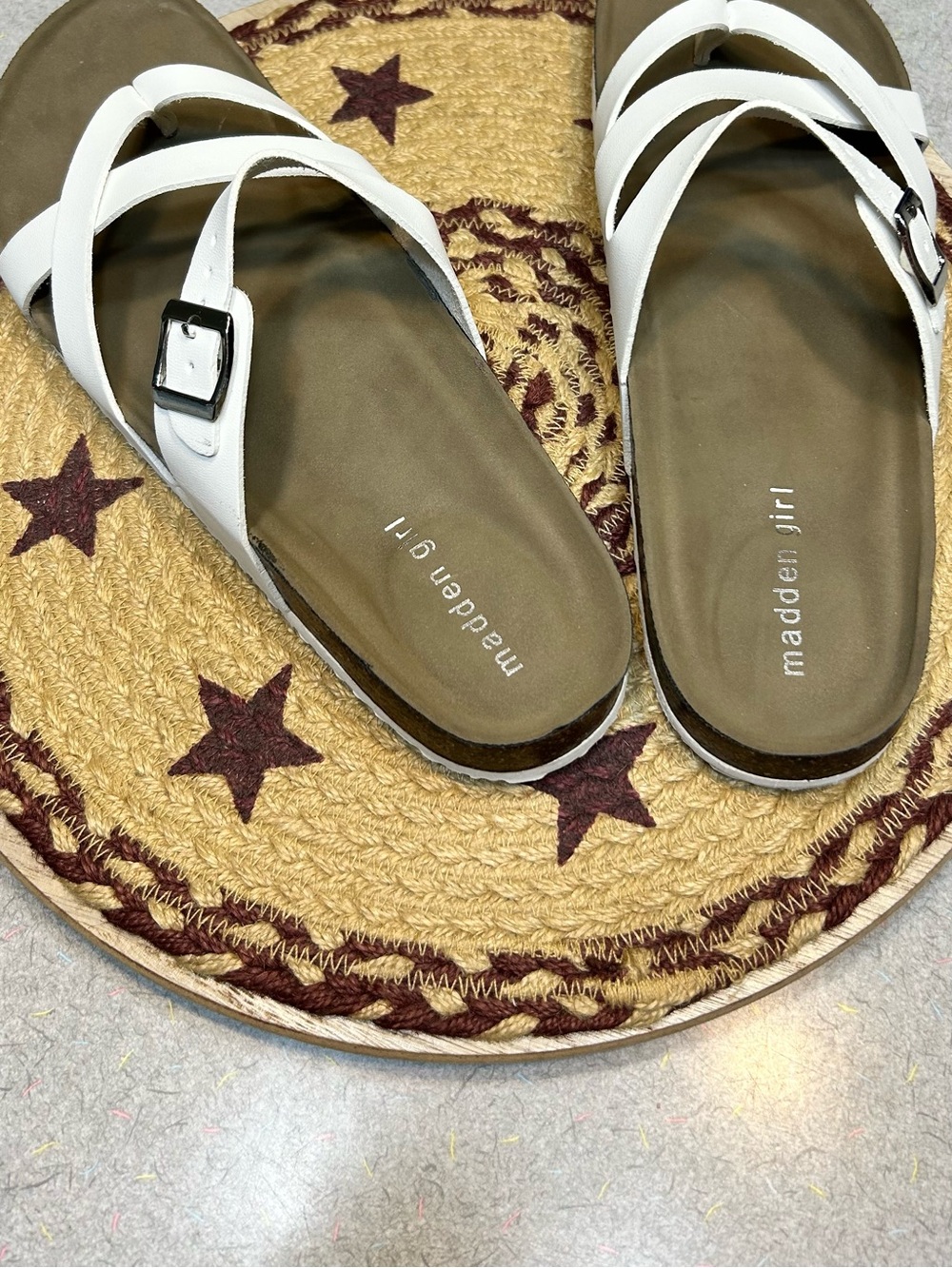 Madden Girl White Crisscross Buckle Slide Sandals with Tan Footbed